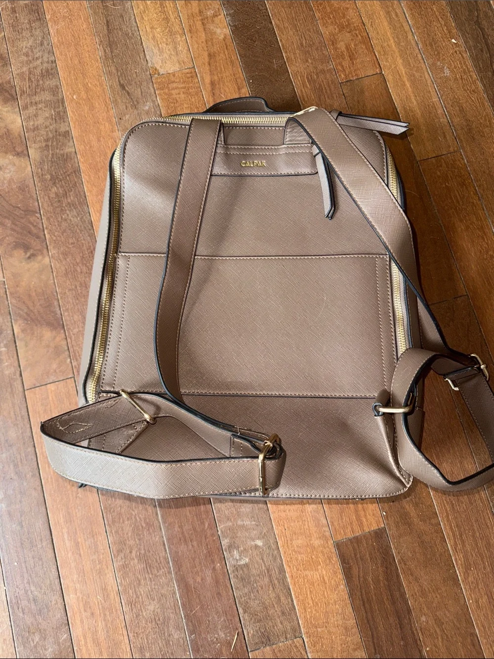 Calpak Brown Leather Backpack with Whipstitch Trim and Gold Hardware